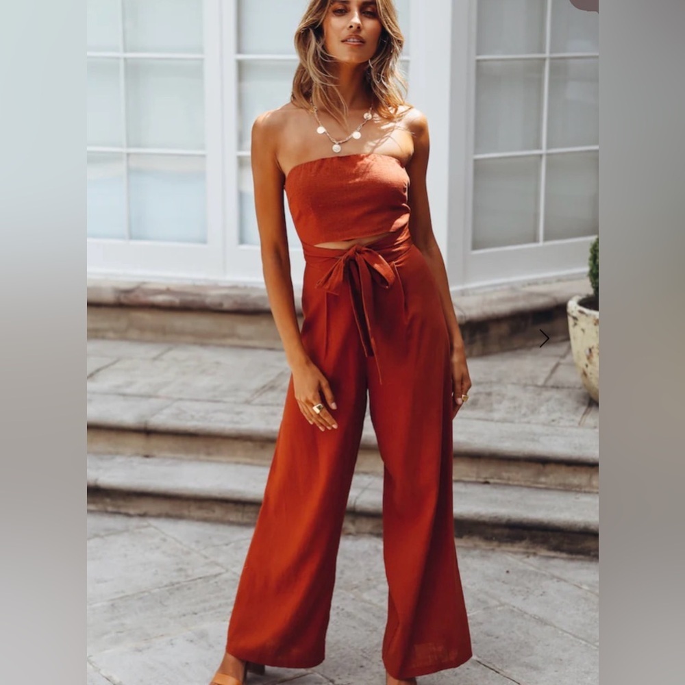Hello Molly Pop Records Strapless Wide Leg Jumpsuit Rust Linen Blend XS